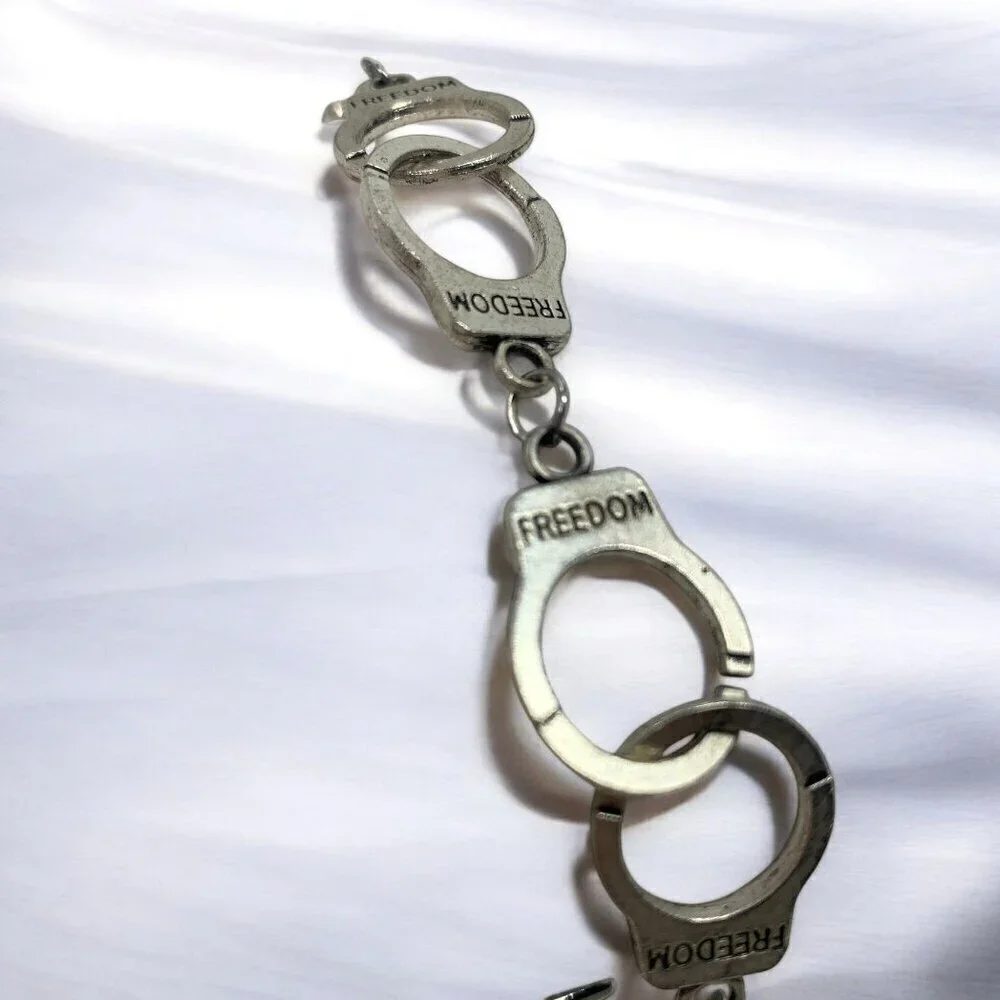 Silver Tone Handcuff Themed Freedom Charm Bracelet Toggle Clasp 8